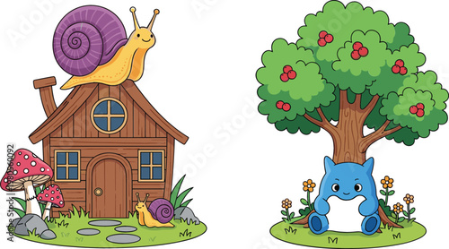 Snail on wooden house with mushrooms and cute blue animal under berry tree cartoon vector illustration collection
