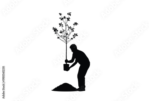 A person planting a young tree with a small mound of earth silhouette
