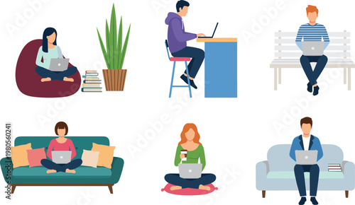 People working on laptops in different places, remote work lifestyle, freelance workers using computers at home, office and outdoors, modern digital nomad illustration set