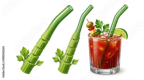 A cocktail glass has ice, garnishes, and two celery stalks rest beside it on a plain background