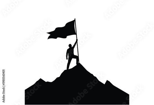 A person triumphantly waves a flag atop a mountain peak dramatic silhouette