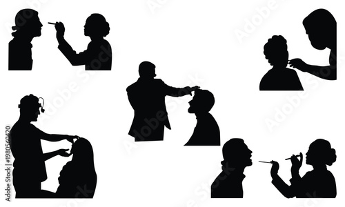 Set of silhouettes depicting various medical examinations and clinical procedures involving healthcare professionals and patients in different diagnostic scenarios for health concept