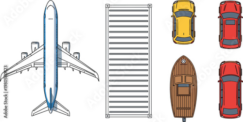 Top view transportation set with airplane cars boat and ladder industrial object cartoon vector illustration collection
