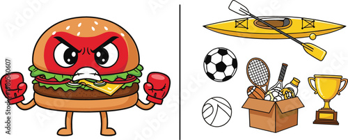Angry hamburger mascot with sports equipment kayak soccer ball tennis gear and trophy cartoon vector illustration collection