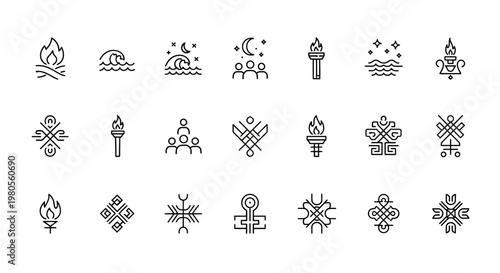 Dark Mofo Festival Inspired Icon Set – Gothic Occult Mystic Ritual Symbols with Fire, Moon, Alchemy and Spiritual Elements in Modern Vector Style