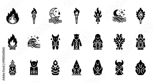 Dark Mofo Festival Inspired Icon Set – Gothic Occult Mystic Ritual Symbols with Fire, Moon, Alchemy and Spiritual Elements in Modern Vector Style