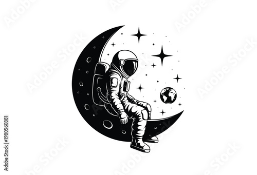 Astronaut calmly sits on a crescent moon surrounded by planets and stars silhouette