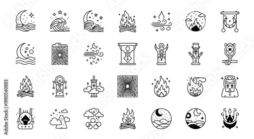 Dark Mofo Festival Inspired Icon Set – Gothic Occult Mystic Ritual Symbols with Fire, Moon, Alchemy and Spiritual Elements in Modern Vector Style