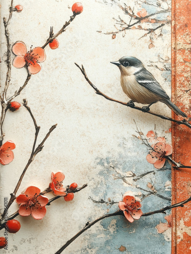 Bird branch blossom flower spring nature vintage pastel art background Delicate bird branch with blossom flower spring nature vintage pastel art background, soft texture and gentle tone create