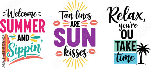 Summer vacation typography quotes set, tropical beach lifestyle slogans with surfboard and palm tree, colorful seasonal vector illustrations