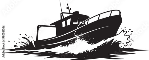 Black boat, speedboat, fishing boat, vector illustration, nautical icon, watercraft