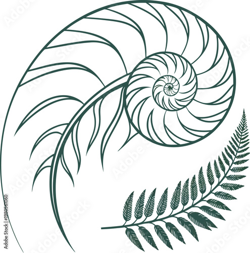 Foto Minimalist koru fern spiral vector, dark green botanical frond illustration, sty
