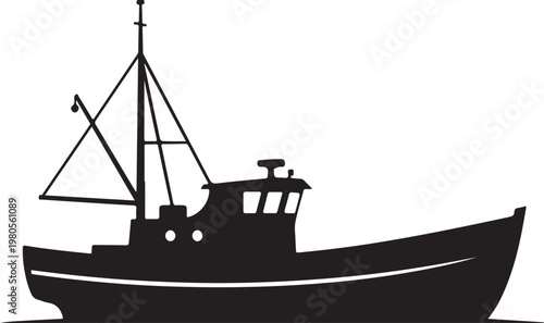 Fishing boat silhouette, black vector graphic, nautical icon, maritime symbol