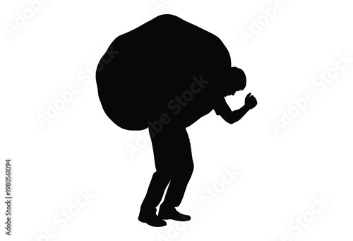 A man struggles while carrying a heavy load on his back depicted as a silhouette
