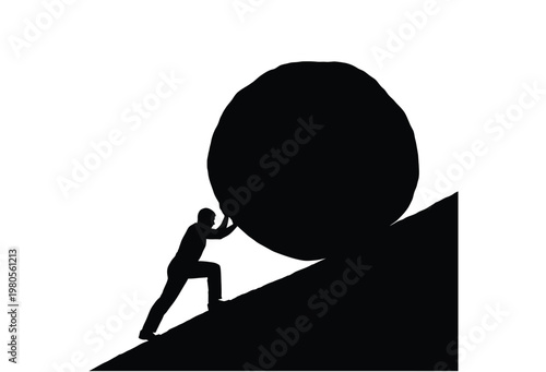 A lone figure struggles to push a large boulder uphill representing relentless effort silhouette