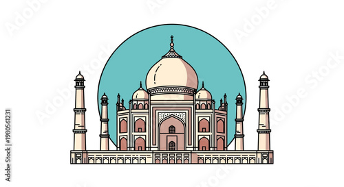 Taj Mahal Landmark Vector Illustration, India Travel Icon with Agra Historical Monument Line Art, Symmetrical Marble Mausoleum Design