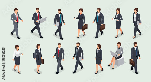 Isometric Business People Vector Characters Set including Men and Women Professionals in Corporate Attire Walking and Working