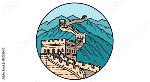 Vector illustration of the Great Wall of China landscape winding through mountains in a circular badge format