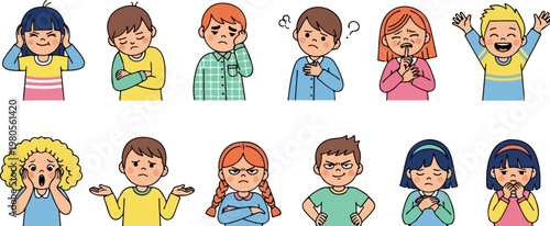 Cartoon children expressing different emotions vector set, diverse kids with various facial expressions and body language, 12 character icons for education