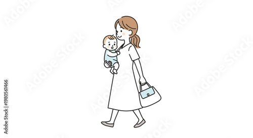 Vector illustration of a young mother walking and carrying her baby while holding a handbag, isolated on a white background.