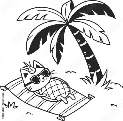 Cute cartoon cat sunbathing on beach towel under palm tree, funny kitten wearing sunglasses and pineapple costume, summer vacation vector illustration