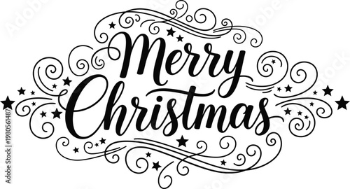 Black merry christmas calligraphy with stars and swirls on white background lettering script holiday