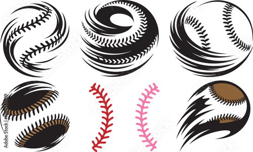 Baseball and softball stitching set with motion lines and curved seams.