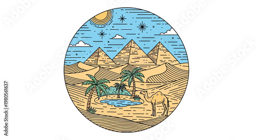 Egyptian Pyramids Landscape with Camel and Oasis in Circular Line Art Style Illustration