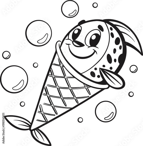 Cute fish ice cream cone coloring page, whimsical sea creature character in waffle cone, black and white cartoon fish outline with bubbles