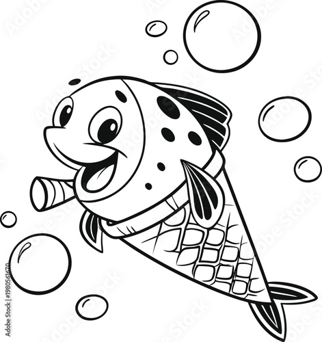 Cartoon fish ice cream cone character, cute sea animal coloring page vector, whimsical underwater creature illustration with bubbles