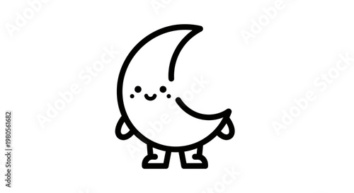 Cute Minimalist Crescent Moon Character with a Happy Face, Kawaii Celestial Line Art Illustration for Children's Nursery and Bedtime Themes