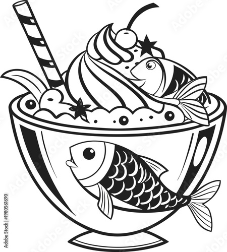 Surreal ice cream sundae with fish, black and white line art vector illustration, whimsical dessert bowl with cherry and wafer straw