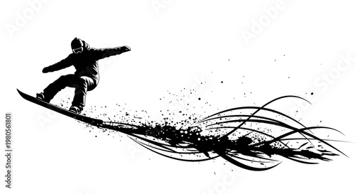 Snowboarder Jumping with Abstract Ink Splashes and Dynamic Lines, Extreme Winter Sports Vector Illustration