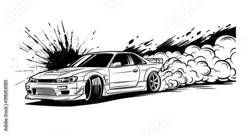 Drifting Japanese Sports Car Vector Illustration with Tire Smoke and Dynamic Ink Splatters