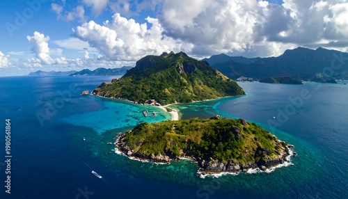 Aerial view of two lush islands in turquoise ocean