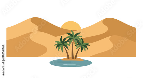 Minimalist Desert Oasis Landscape with Palm Trees, Sand Dunes and Sun Vector Illustration