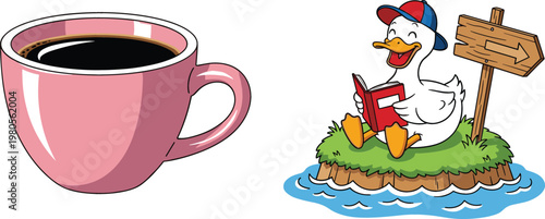 Coffee cup beverage and cute duck reading book on island with direction sign cartoon vector illustration collection
