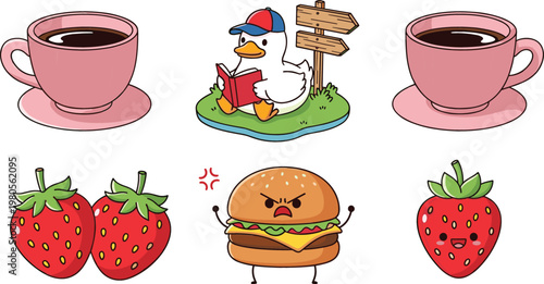 Coffee cups cute duck reading book strawberries and angry hamburger cartoon vector illustration collection for food and lifestyle design