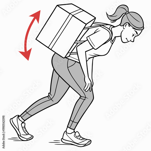 Vector illustration of young woman carrying large delivery box on her back using straps showing incorrect ergonomics and potential back strain risk.
