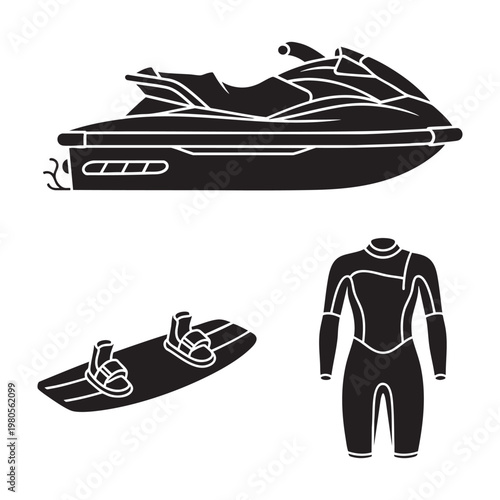 Water sport icons with jet ski wakeboard and a wetsuit