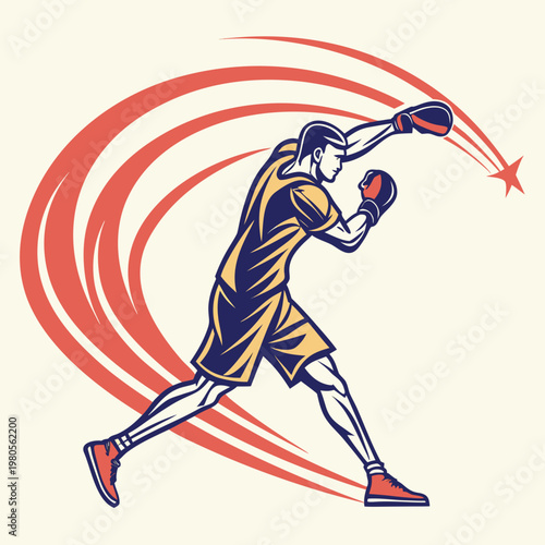 Boxer throwing powerful punch, dynamic motion swirls and star burst effect, energetic sports illustration.