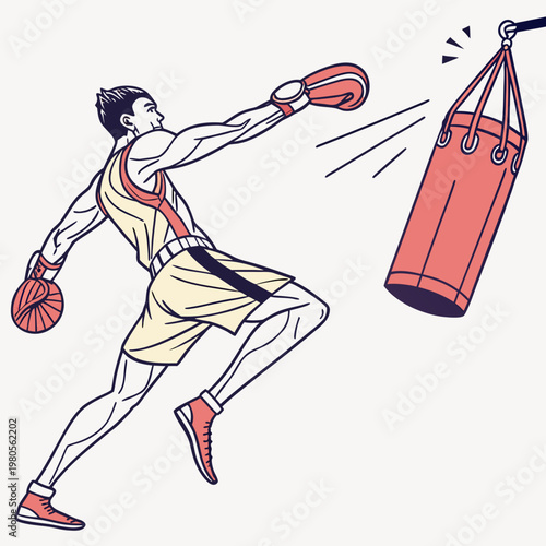 Boxer training in gym, throwing punch at hanging heavy bag, dynamic pose with modern minimalist line art style on light background.