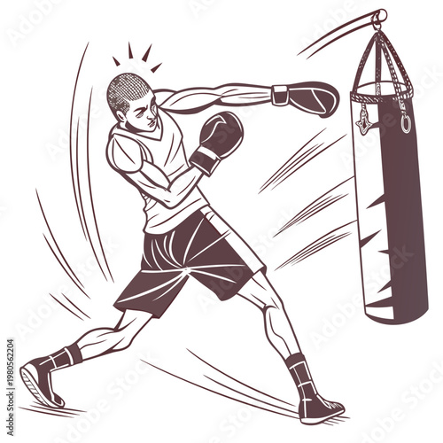 Boxer training with punching bag dynamic action pose in motion lines showing speed and power.