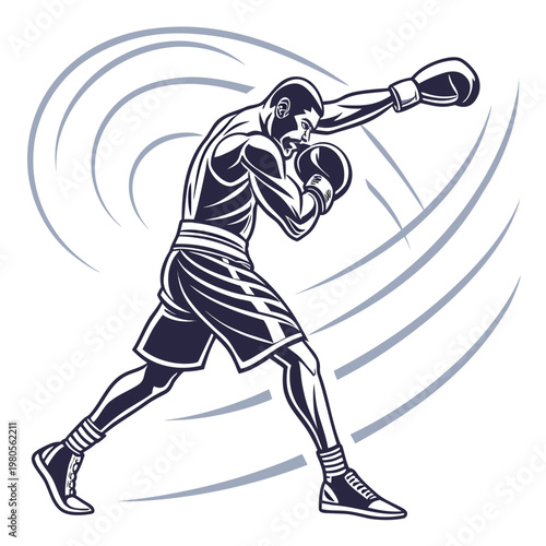 Dynamic illustration of a boxer in mid-punch, depicted with stylized lines and a powerful stance, showcasing motion and athletic strength.