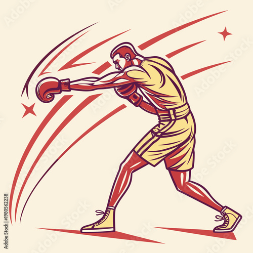 Golden age boxer illustration in vintage style throwing cross punch with dramatic background elements for sport tournament flyers and retro branding.