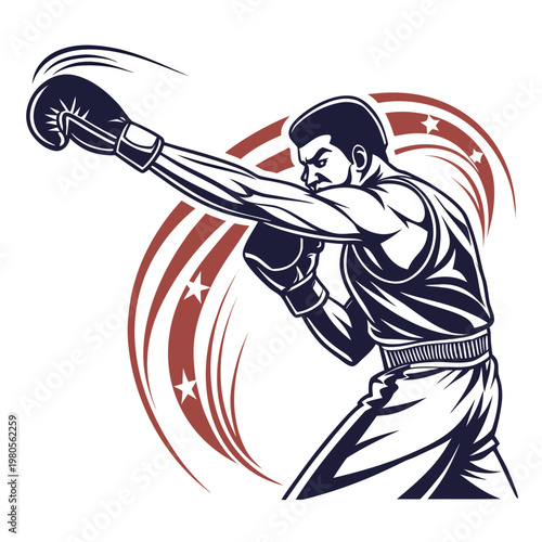 Determined boxer throwing a powerful jab illustration, dynamic striking motion with stars, intense combat sport visual, strong athletic graphic.