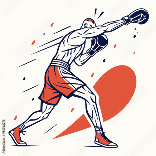 Strong boxer silhouette throwing long range punch with motion lines and abstract background vector illustration for combat sport motivation posters.