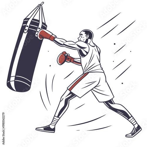 Minimalist boxer silhouette punching heavy bag during training session vector illustration of healthy lifestyle and competitive sport preparation art.