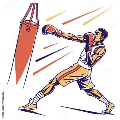 Professional boxing training with heavy bag athlete silhouette in action throwing powerful jab vector illustration for fitness gym branding design.
