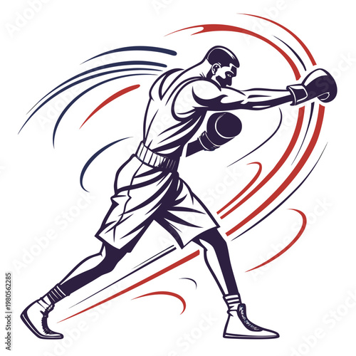 Dynamic boxer silhouette illustration capturing fast hook punch with swirling blue and red motion lines representing agility and speed in ring art.
